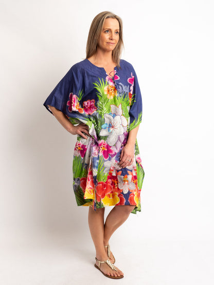 V-neck Dress Length Kaftan in Embroidered Blue Floral