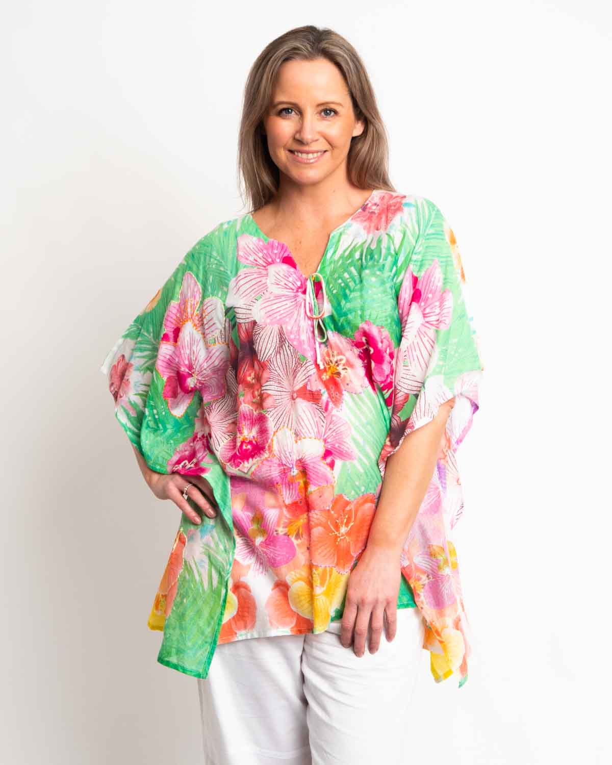 Too Easy Poncho Style V-neck Top in Lime Pink Floral