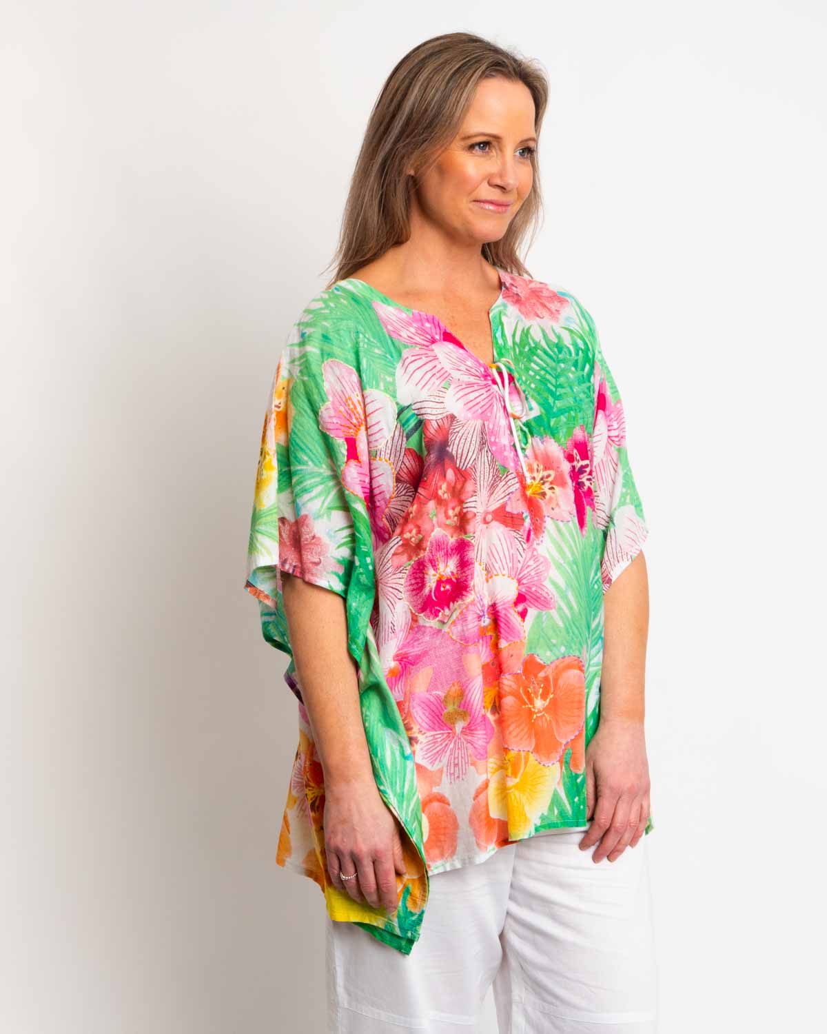 Too Easy Poncho Style V-neck Top in Lime Pink Floral