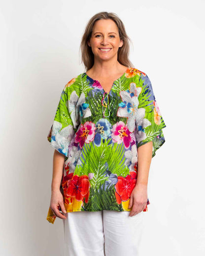 Too Easy Poncho Style V-neck Top in Multi Colour Floral on Blue