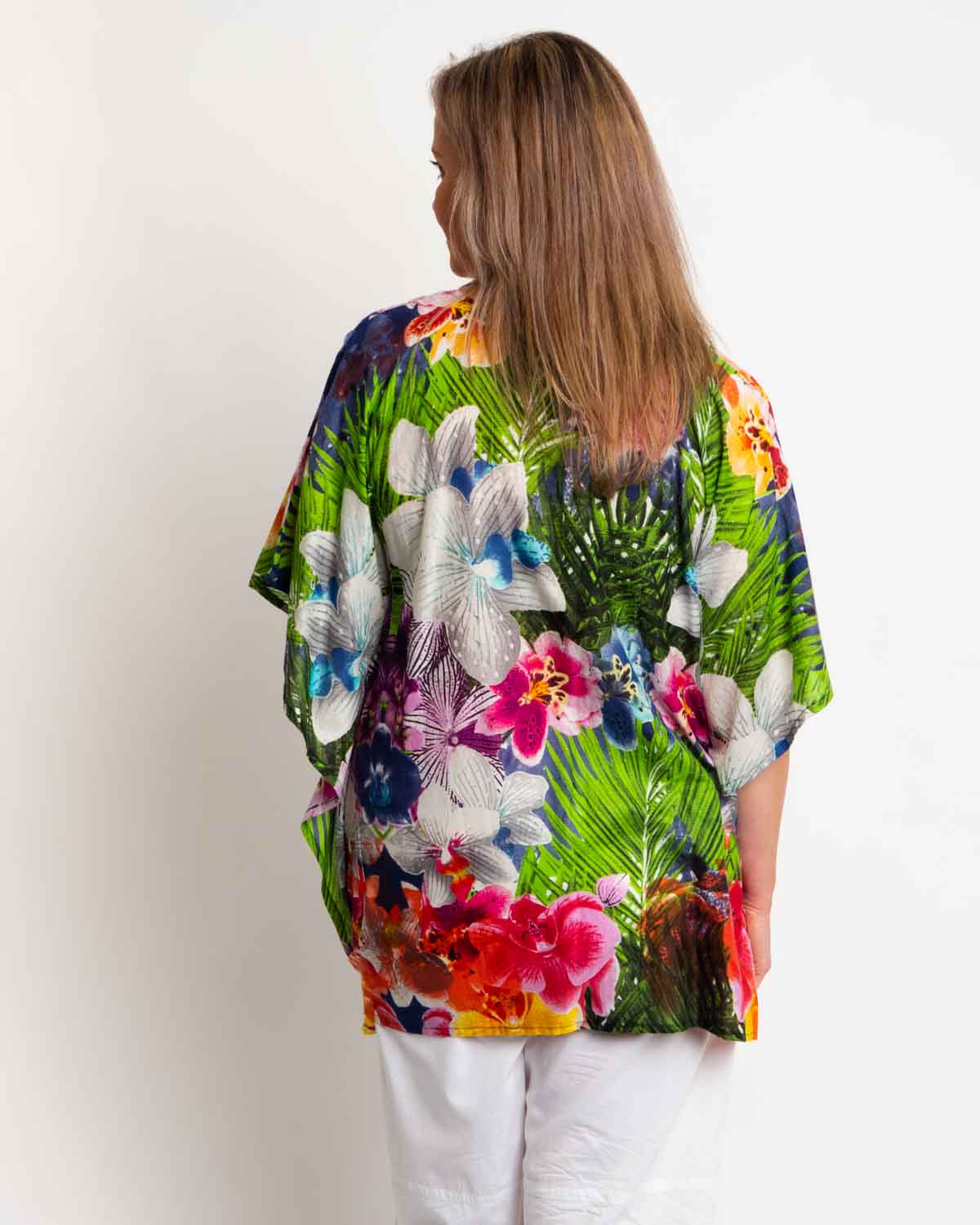 Too Easy Poncho Style V-neck Top in Multi Colour Floral on Blue