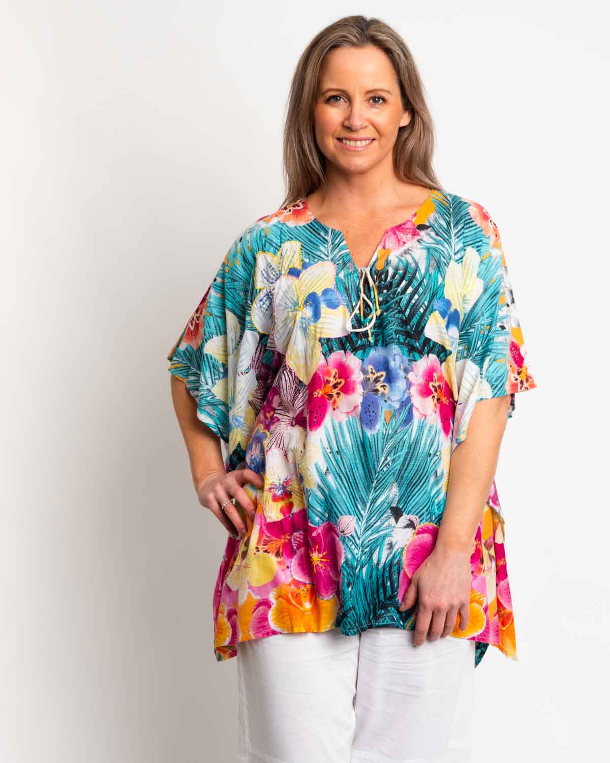 Too Easy Poncho Style V-neck Top in Multi Colour Floral on Peach