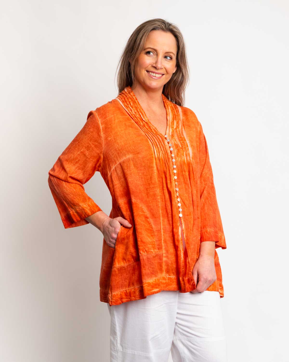Pleated Summer Top in Orange Wash