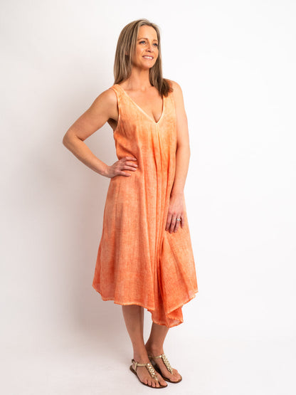 Sleeveless Lined V-neck A-line Dress in Tangerine Wash