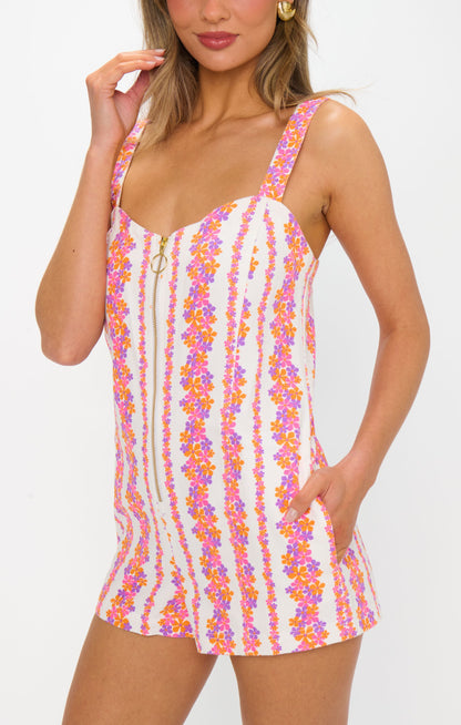 Mission Romper ~ Pink Daisy Stripes Denim