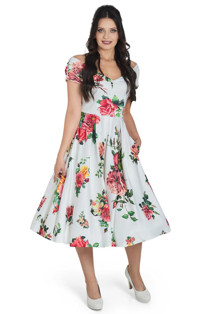Lily Off Shoulder Rose Swing Dress In White