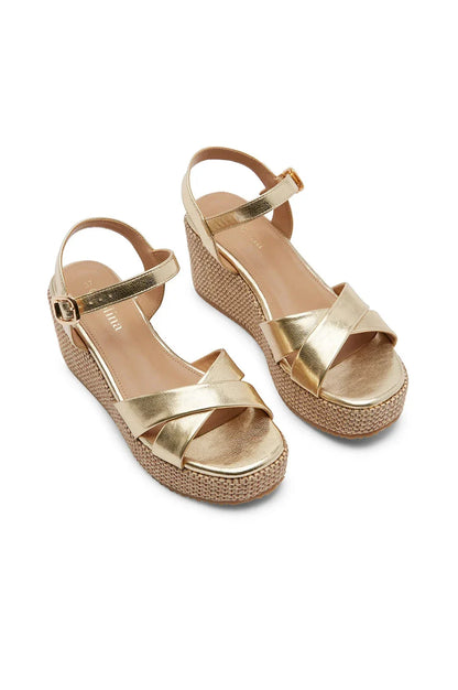 Chiara Cross Strap Wedges Metallic Gold