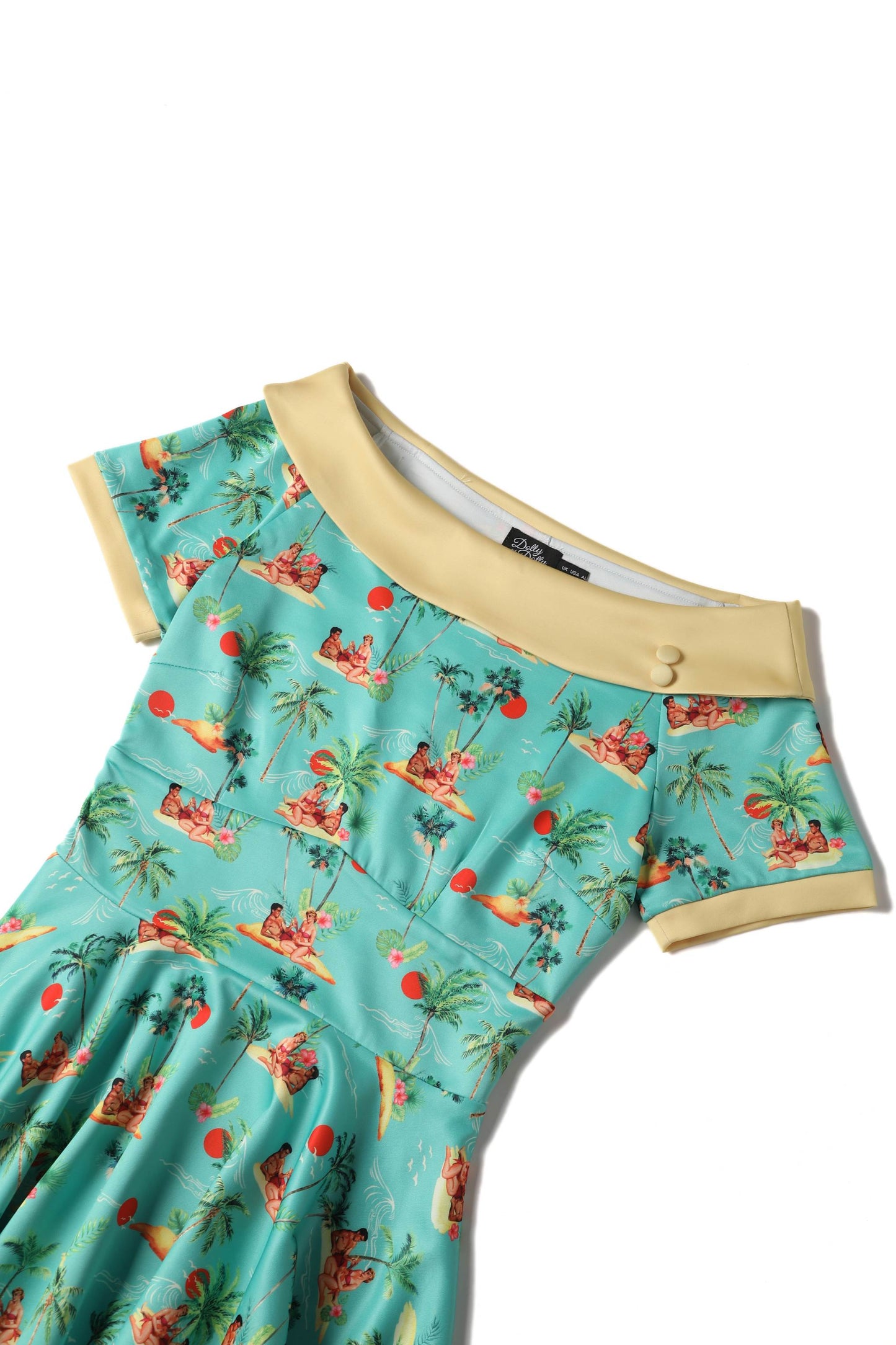 Darlene Turquoise Pinup Swing Dress in Tropical Island Print