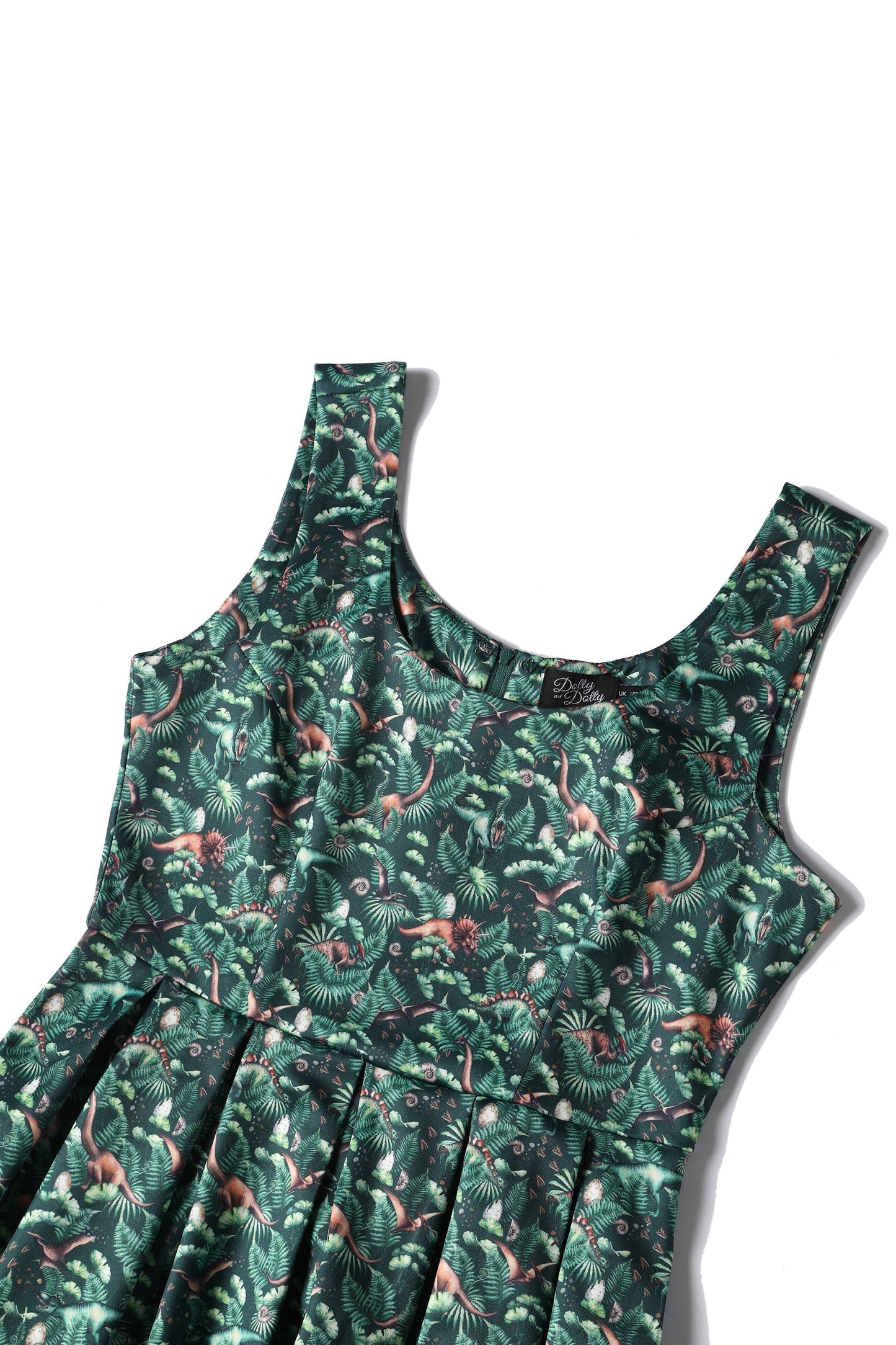 Amanda Dinosaur Forest Flared Dress in Dark Green