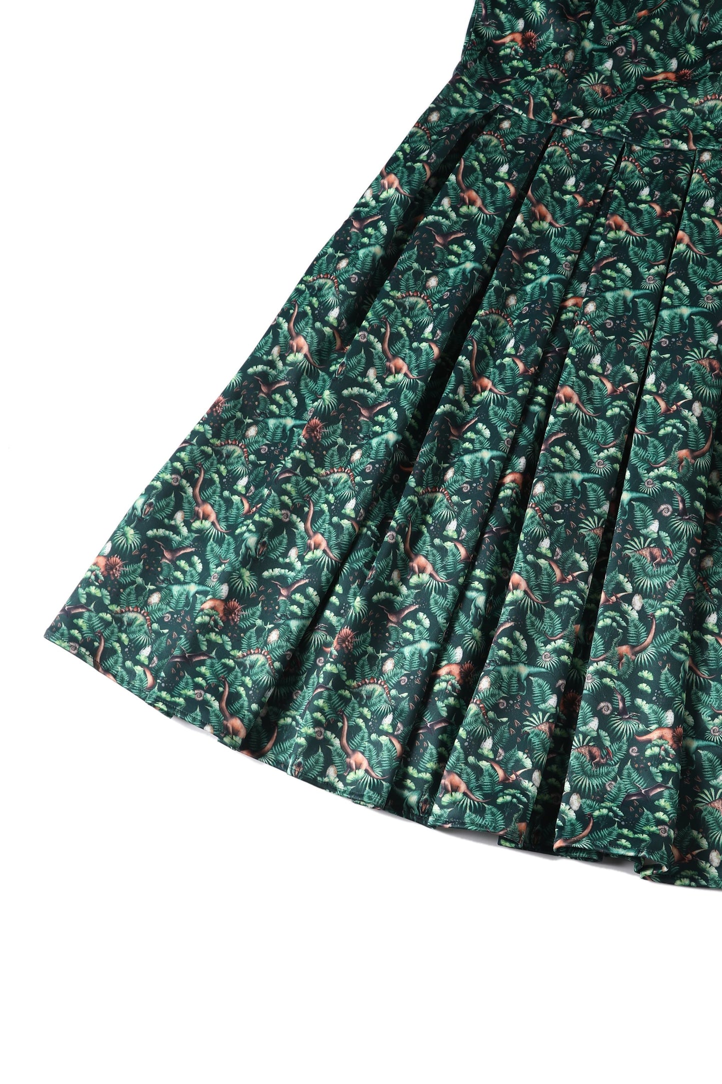 Amanda Dinosaur Forest Flared Dress in Dark Green