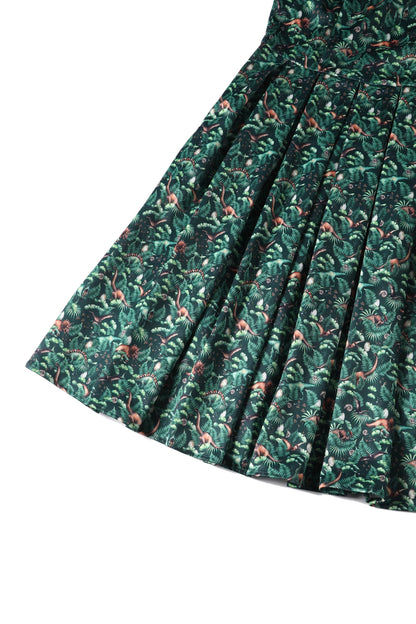 Amanda Dinosaur Forest Flared Dress in Dark Green