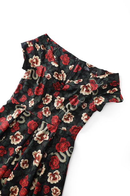 Lily Rockabilly Snake & Rose Off Shoulder Dress