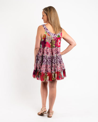 Mixed Print Panelled Short Dress in Pink Garden