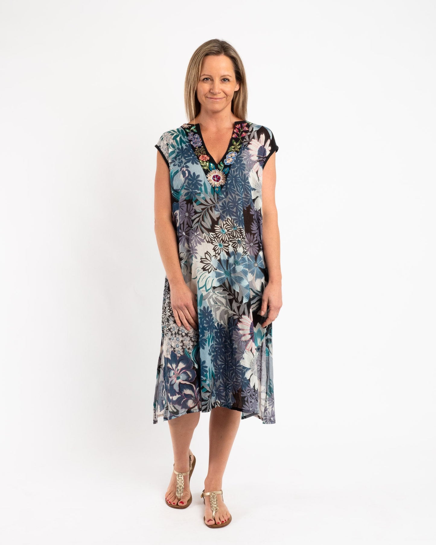 Sleeveless Summer Shift Dress With Embellished V-neck in Blue Grey Floral