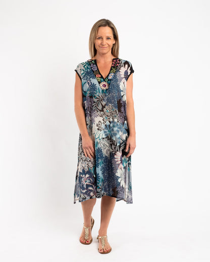 Sleeveless Summer Shift Dress With Embellished V-neck in Blue Grey Floral