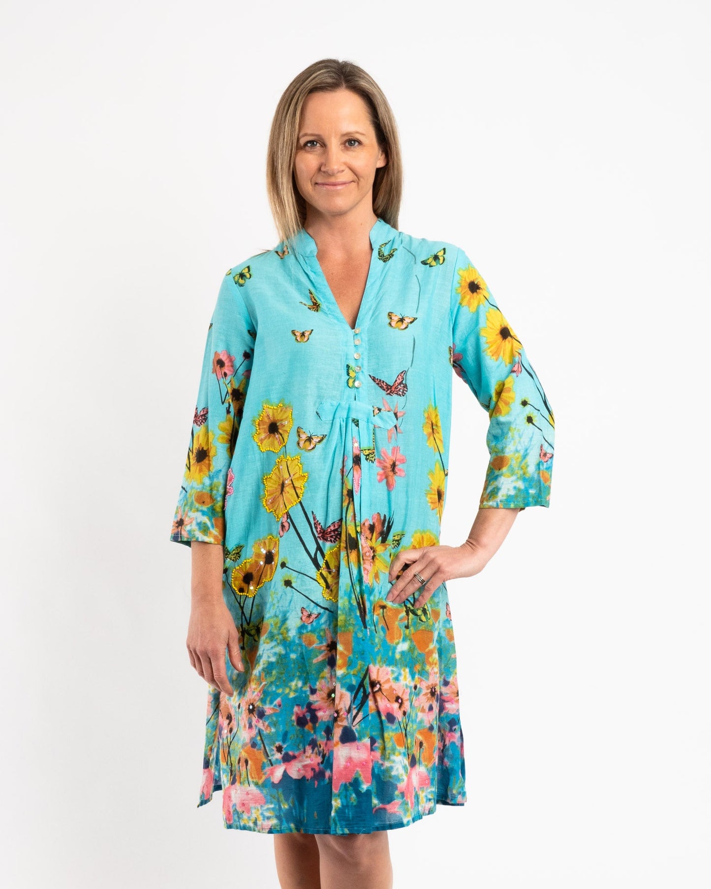 Pleated Summer Dress in Blue Butterfly