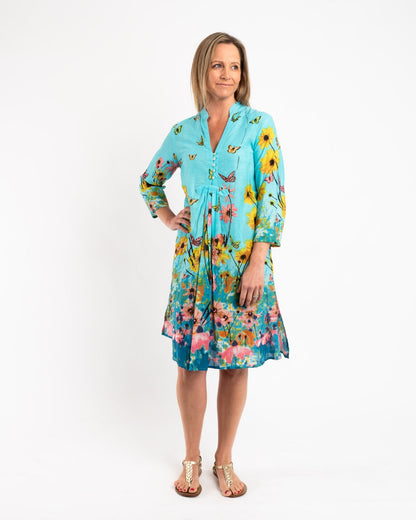 Pleated Summer Dress in Blue Butterfly