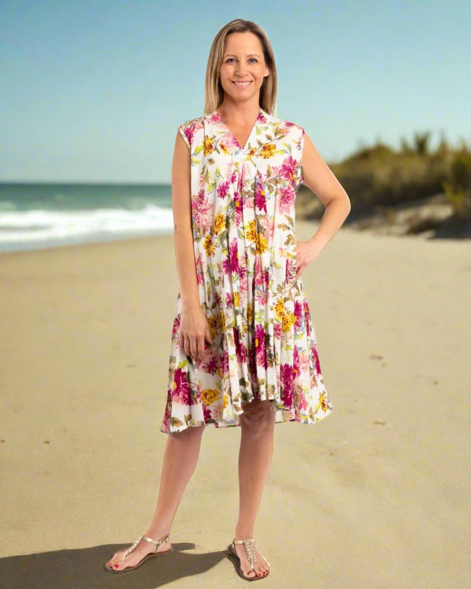 A-line Sleeveless Dress in Fuchsia Lime Garden