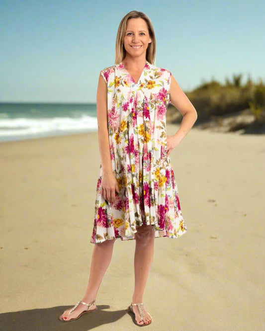 A-line Sleeveless Dress in Fuchsia Lime Garden