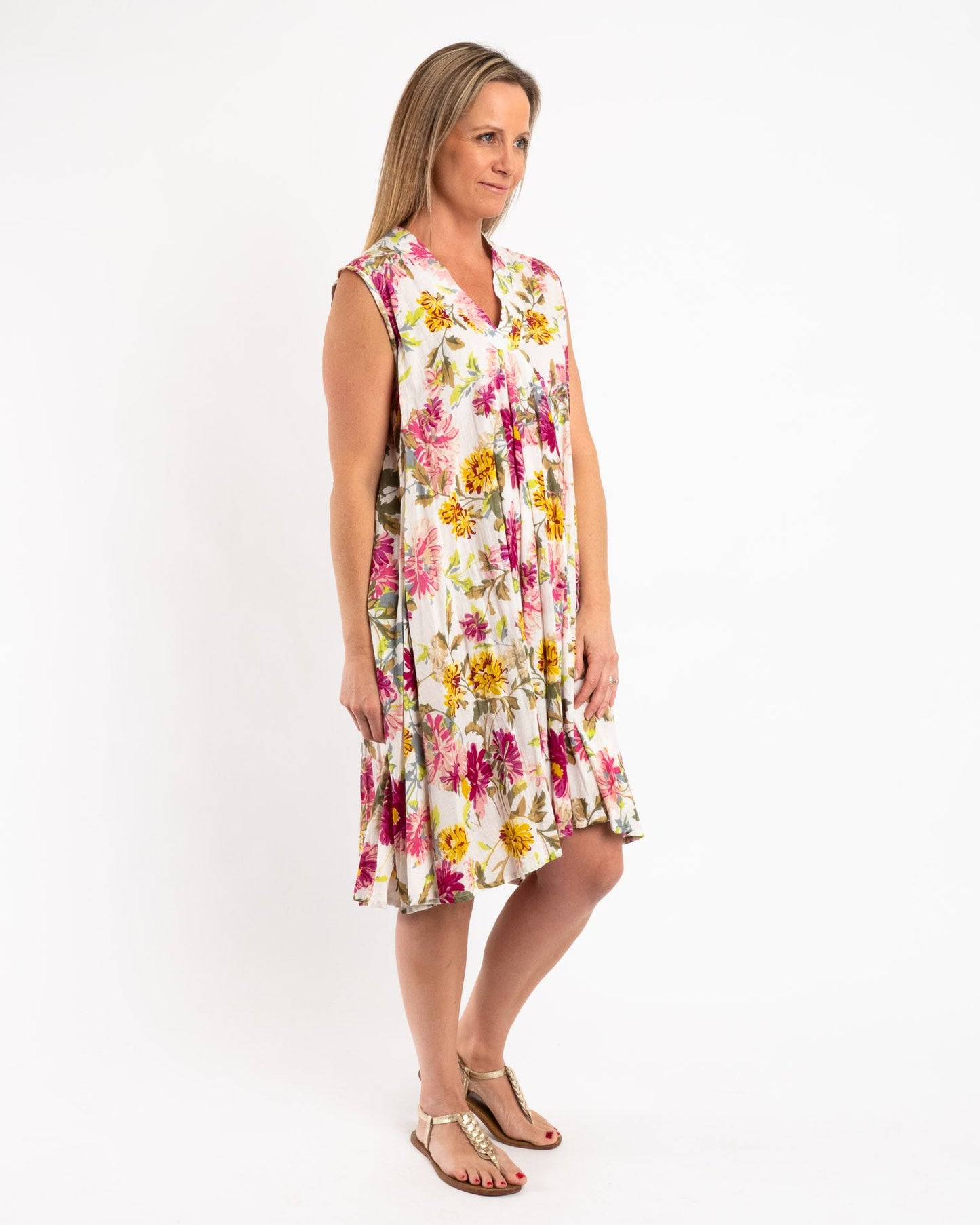 A-line Sleeveless Dress in Fuchsia Lime Garden