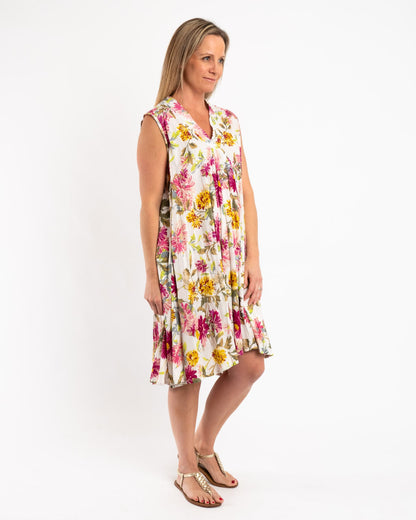 A-line Sleeveless Dress in Fuchsia Lime Garden