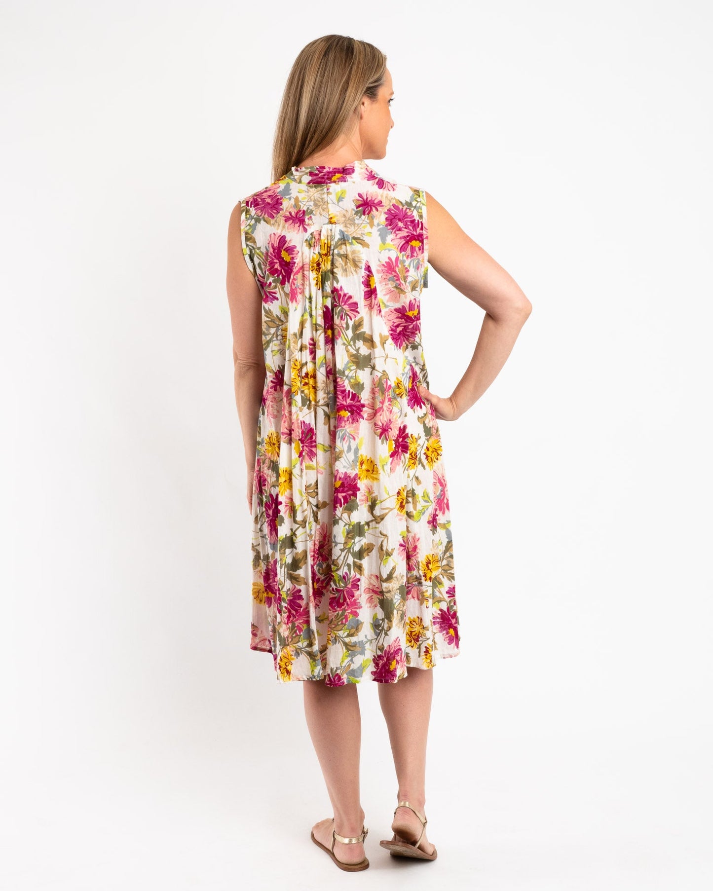 A-line Sleeveless Dress in Fuchsia Lime Garden