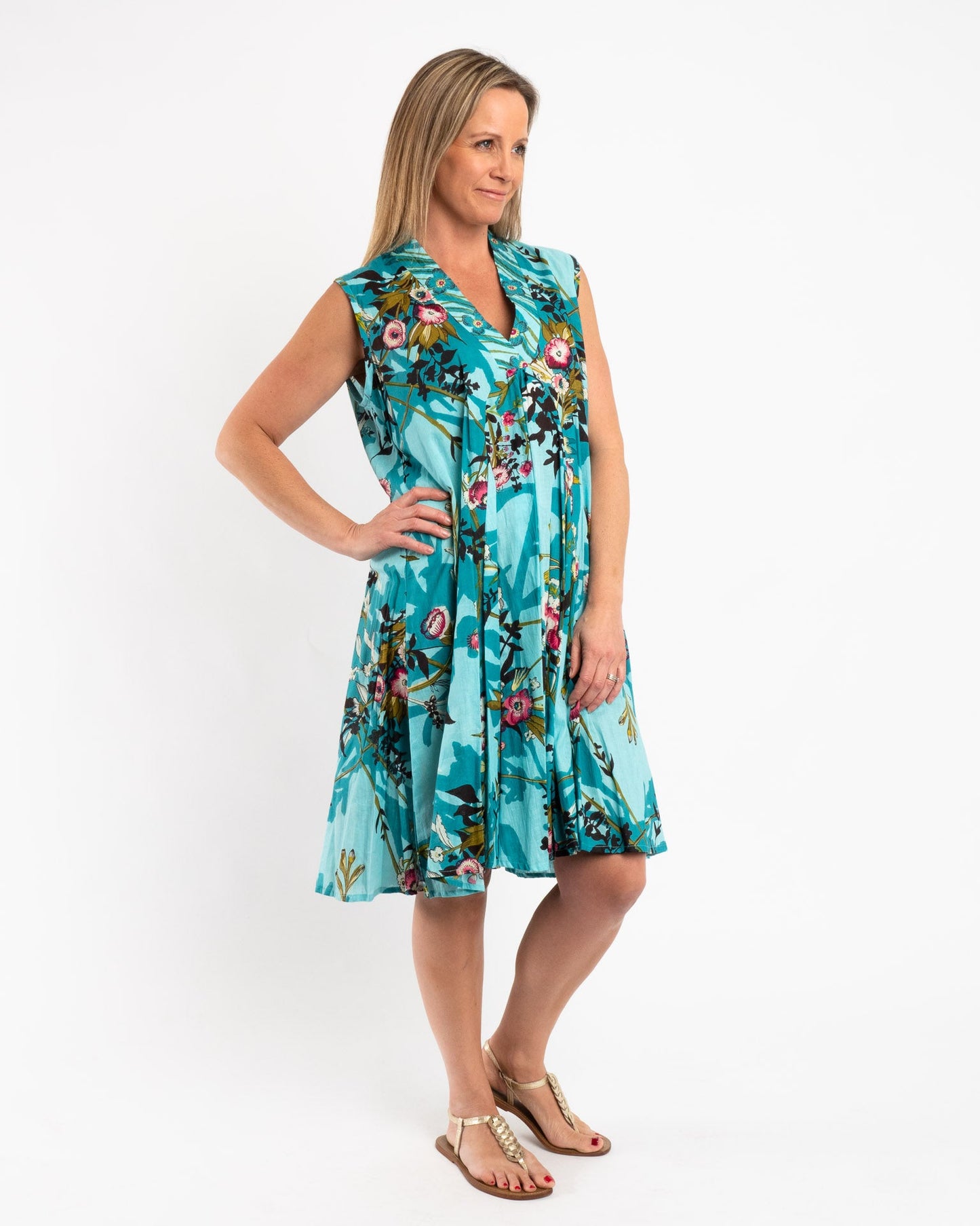 A-line Sleeveless Dress in Turquoise Japanese Garden
