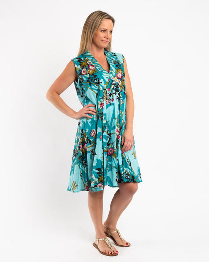 A-line Sleeveless Dress in Turquoise Japanese Garden