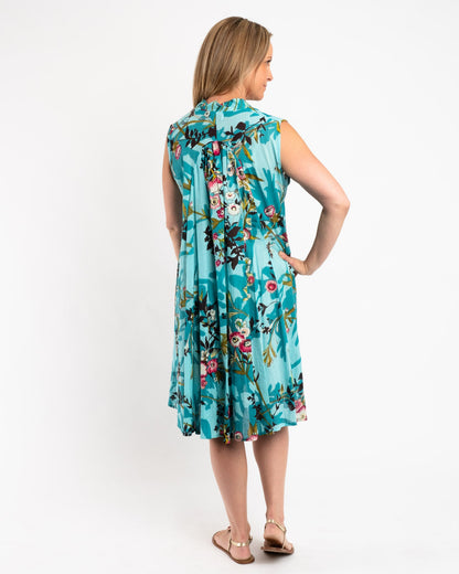 A-line Sleeveless Dress in Turquoise Japanese Garden