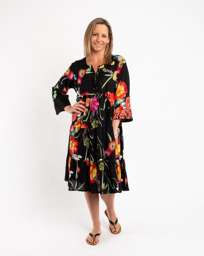 Gypsy Style Panel Dress in Black Floral