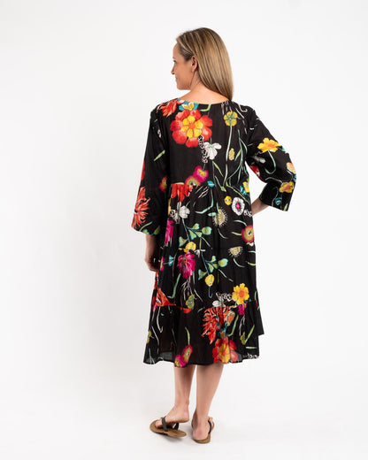Gypsy Style Panel Dress in Black Floral