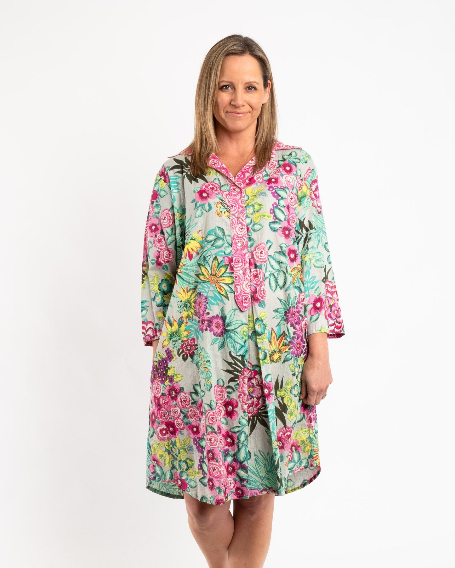 Collared Summer Dress in Pink and Pale Green Floral