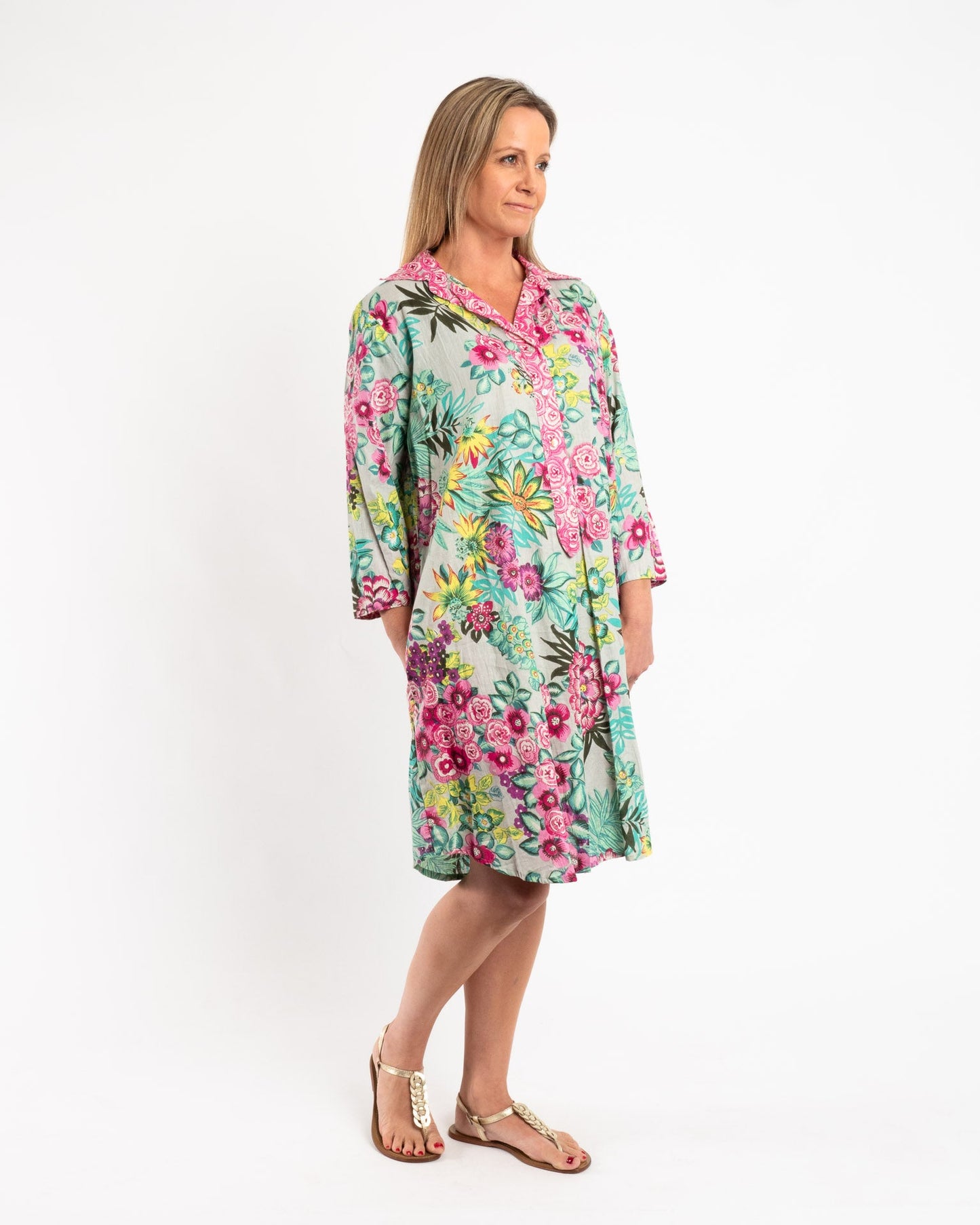 Collared Summer Dress in Pink and Pale Green Floral