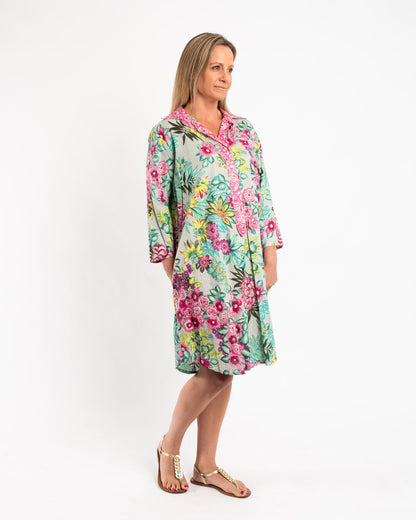 Collared Summer Dress in Pink and Pale Green Floral
