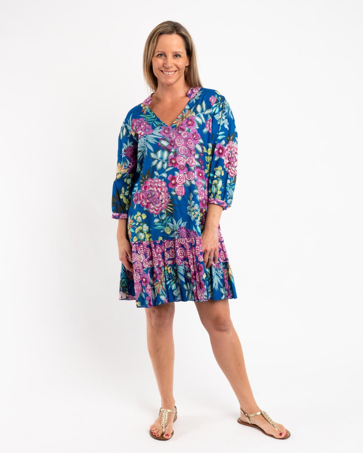 Embroidered Tunic Dress in Blue Floral