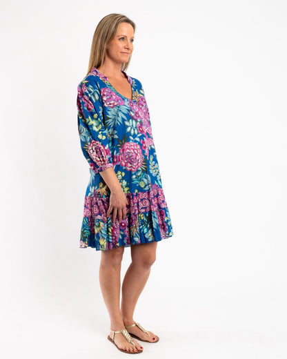 Embroidered Tunic Dress in Blue Floral