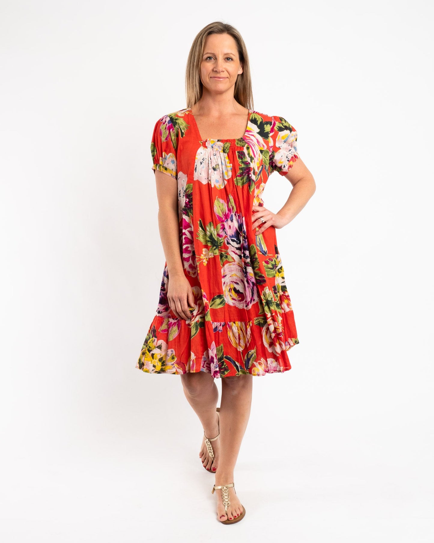 Cap Sleeve Summer Dress in Red Orange Floral