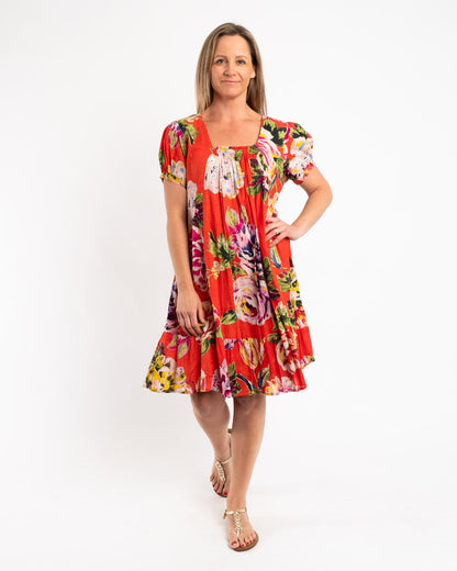 Cap Sleeve Summer Dress in Red Orange Floral