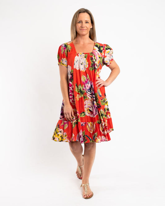 Cap Sleeve Summer Dress in Red Orange Floral
