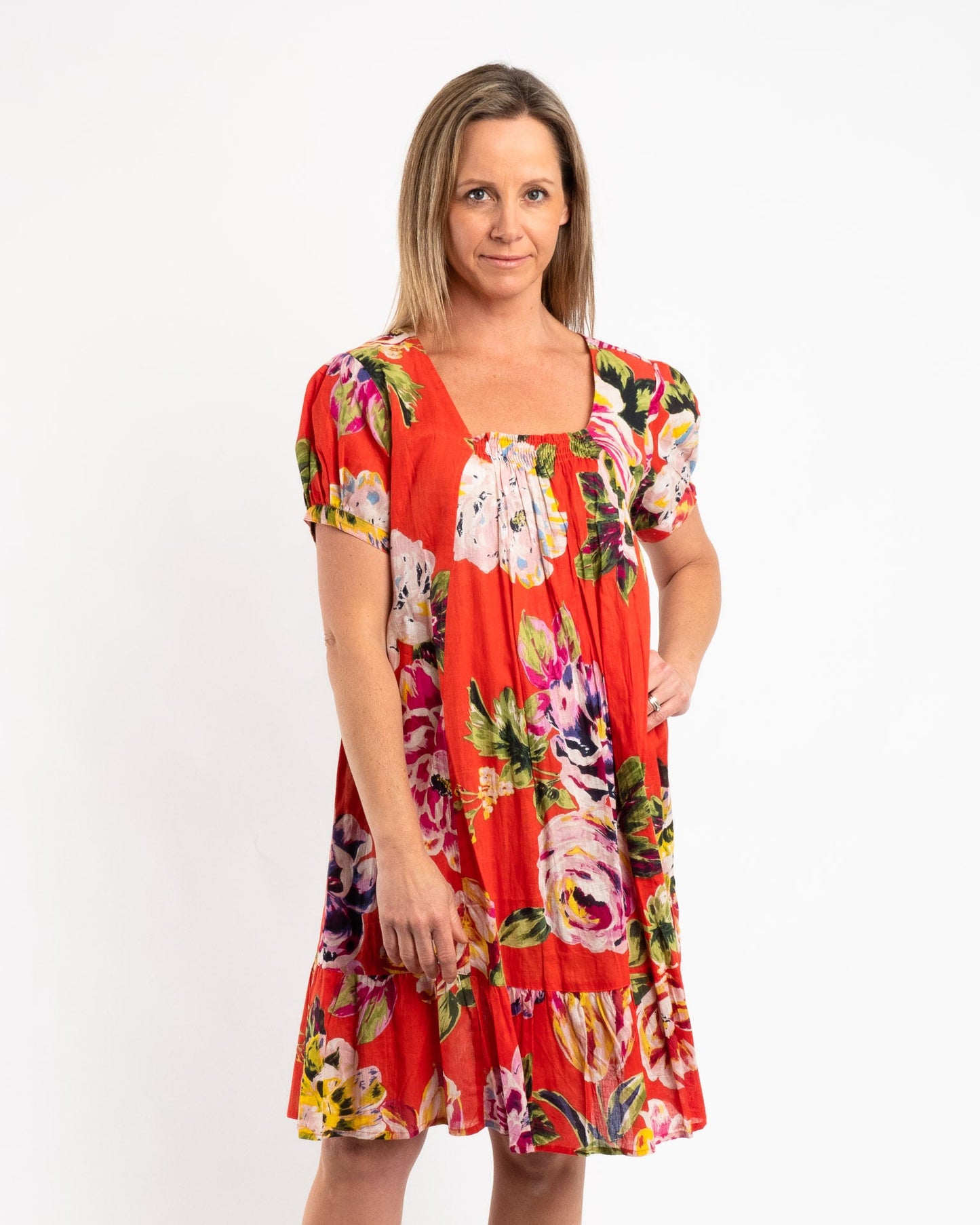 Cap Sleeve Summer Dress in Red Orange Floral