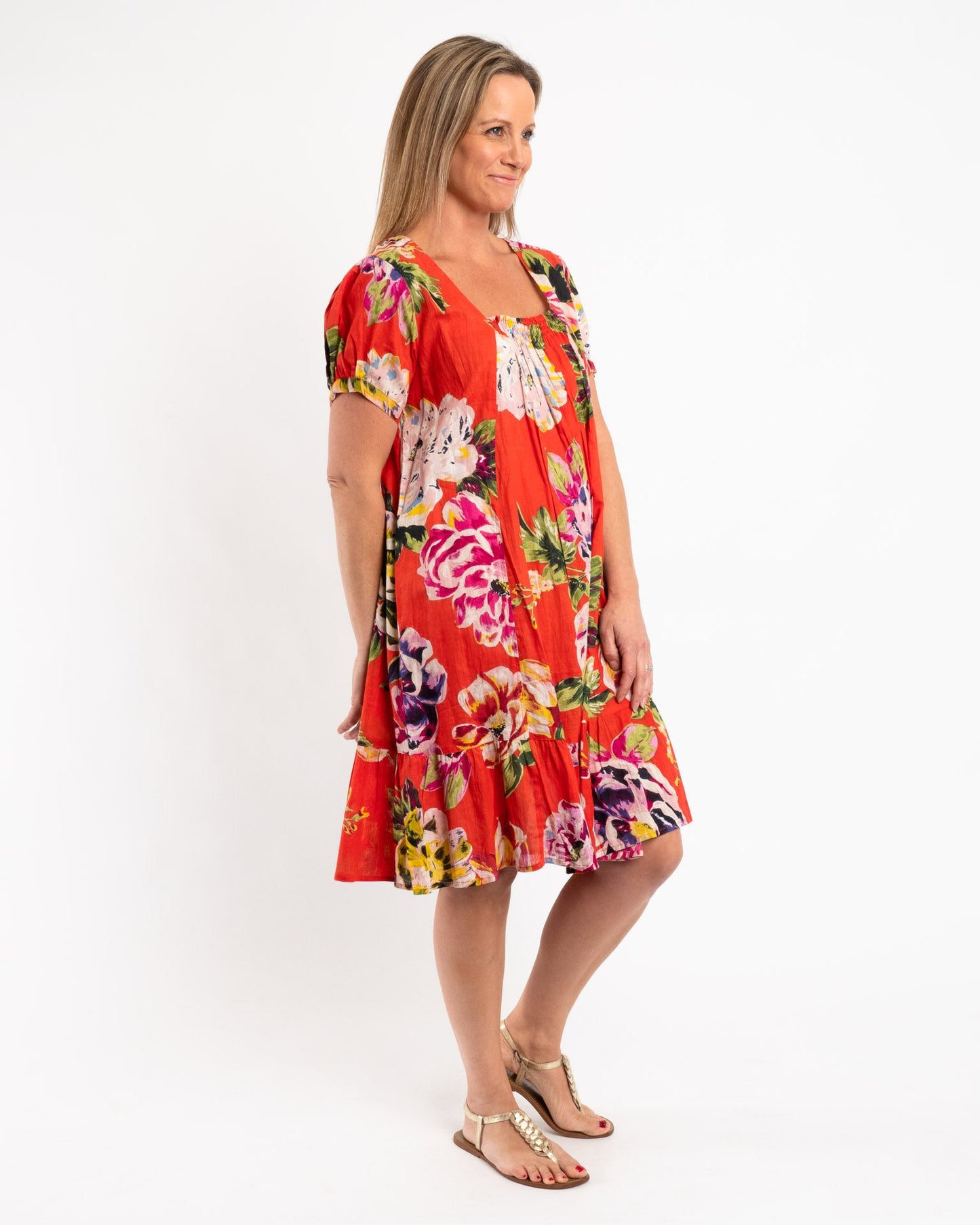 Cap Sleeve Summer Dress in Red Orange Floral