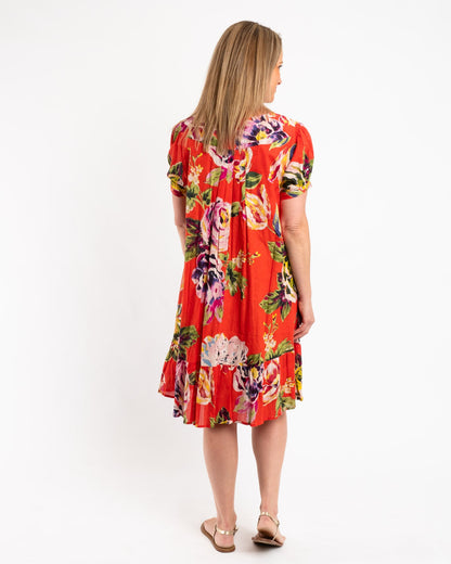 Cap Sleeve Summer Dress in Red Orange Floral