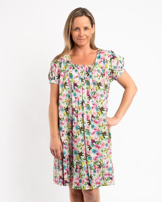 Cap Sleeve Summer Dress in Green Pink Garden
