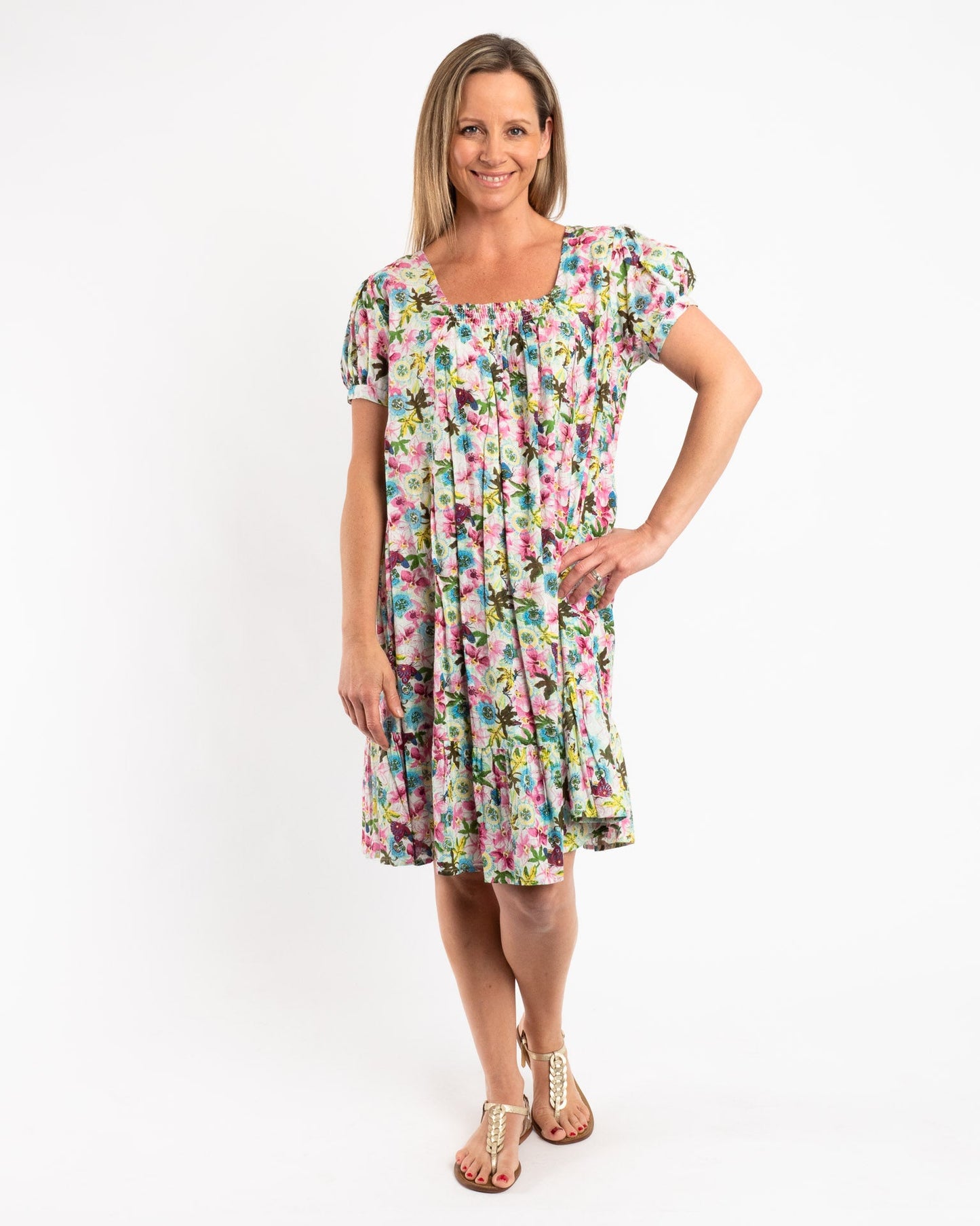 Cap Sleeve Summer Dress in Green Pink Garden
