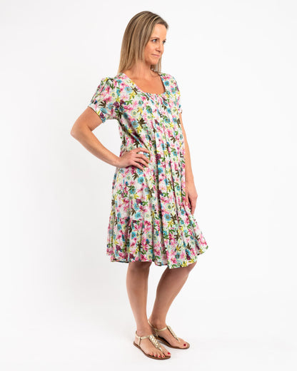 Cap Sleeve Summer Dress in Green Pink Garden
