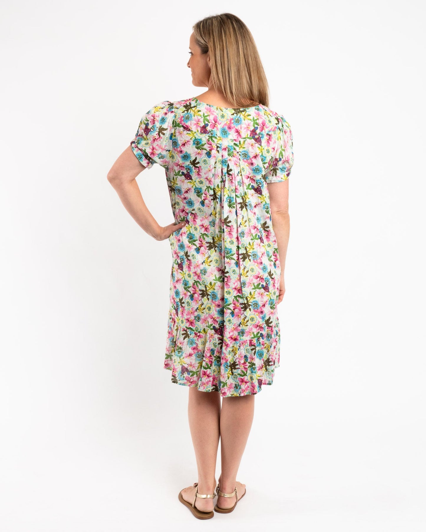 Cap Sleeve Summer Dress in Green Pink Garden