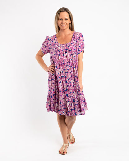 Cap Sleeve Summer Dress in Pink and Royal Blue