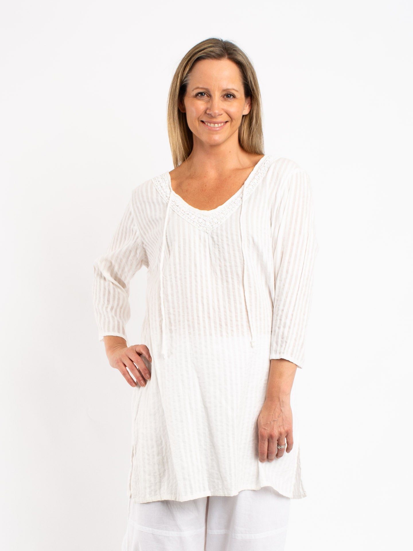 Beaded Kurta Style Top in White