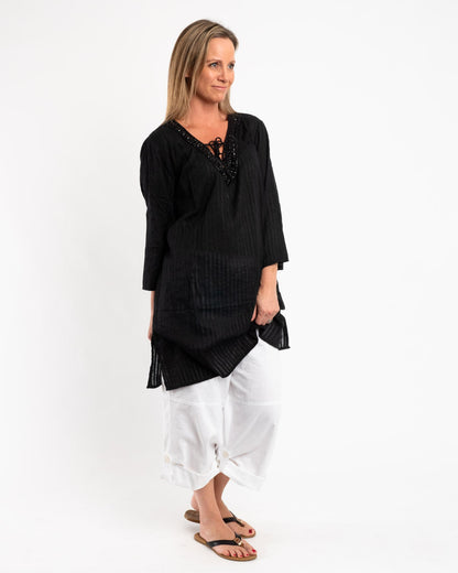 Beaded Kurta Style Top in Black
