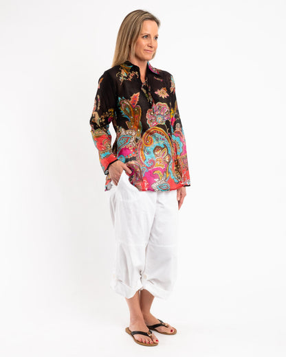 Collared Long Sleeve Top in Paisley Black Floral